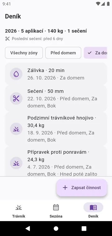 Deník: sečení, zálivka a každý rozhozený přípravek