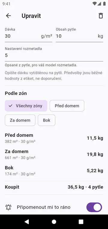Krok: dávka z pytle, nastavení rozmetadla, pytle