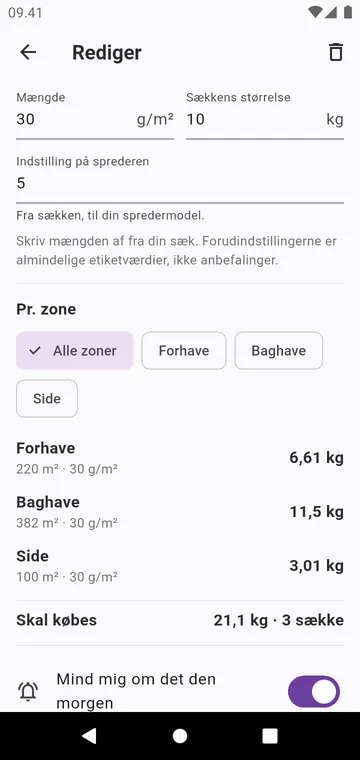 Et trin: mængden fra sækken, indstillingen på sprederen, sækkene