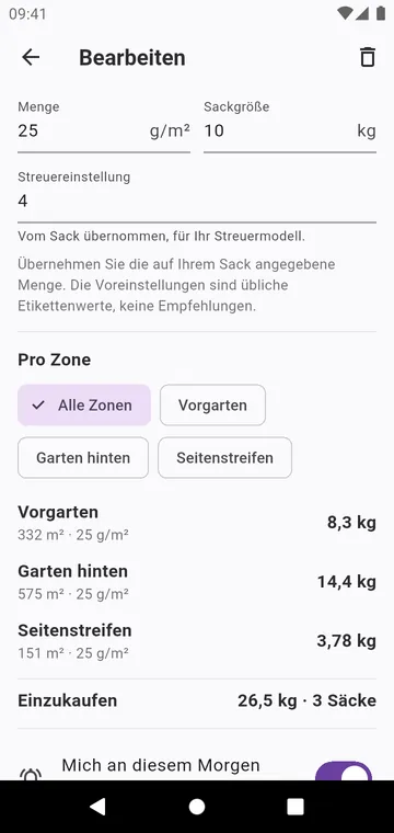 Ein Schritt: die Menge vom Sack, die Streuereinstellung, die Säcke
