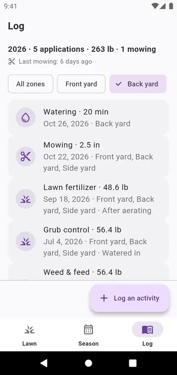 The log: mowing, watering and every product spread
