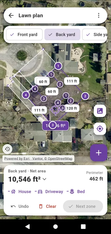 A lawn drawn zone by zone on the satellite photo