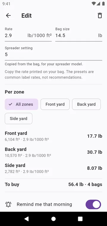 A step: the rate from the bag, the spreader setting, the bags