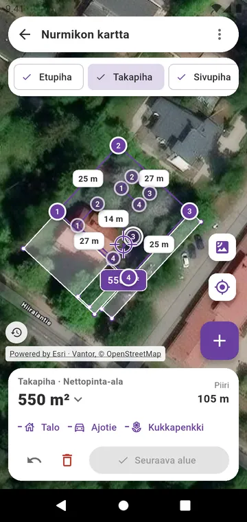 Nurmikko piirrettynä alue kerrallaan satelliittikuvaan
