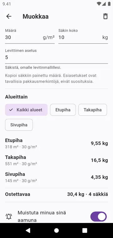 Vaihe: säkin levitysmäärä, levittimen asetus, säkit