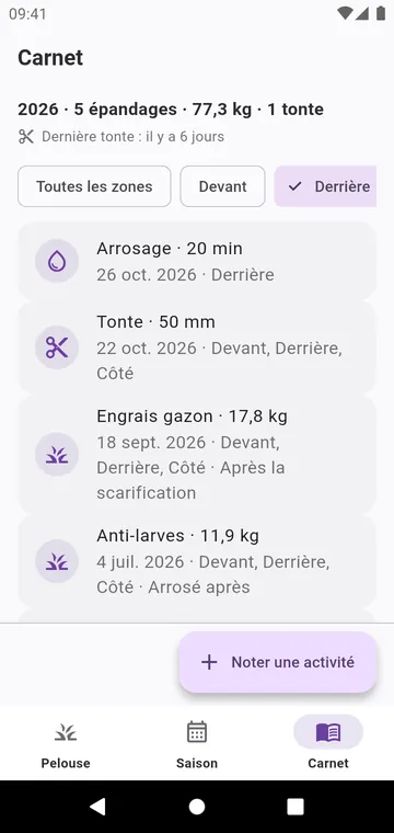 Le carnet : tontes, arrosages et chaque produit épandu