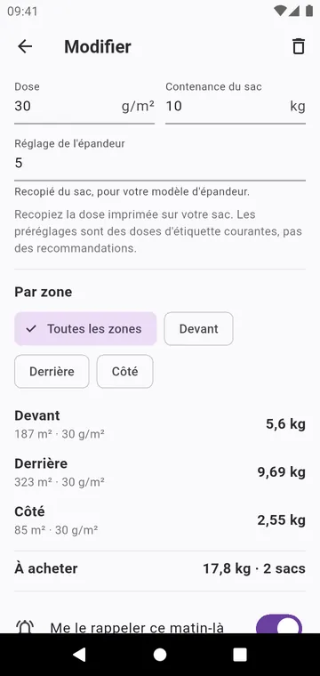 Une étape : la dose du sac, le réglage de l'épandeur, les sacs