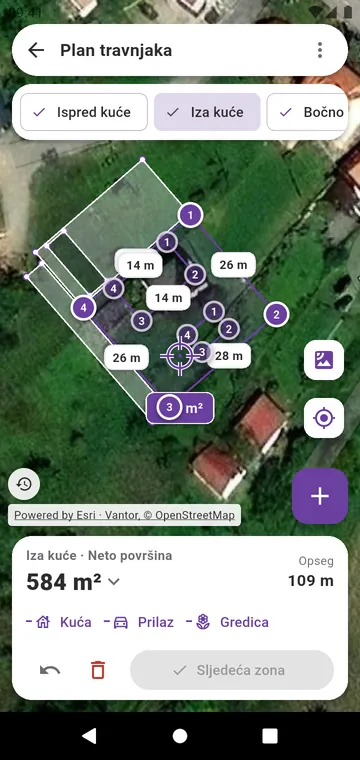 Travnjak nacrtan zonu po zonu na satelitskoj snimci