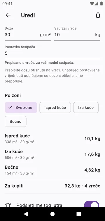 Korak: doza s vreće, postavka rasipača, vreće
