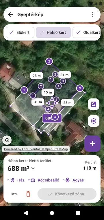 Zónánként a műholdképen megrajzolt gyep