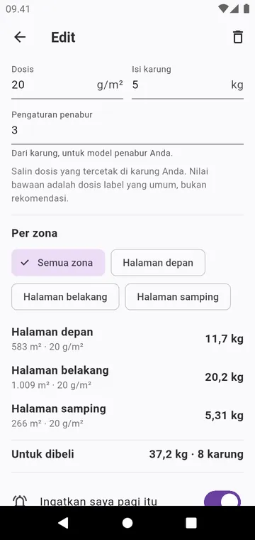 Satu langkah: dosis dari karung, pengaturan penabur, jumlah karung