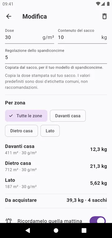 Una fase: la dose del sacco, la regolazione dello spandiconcime, i sacchi