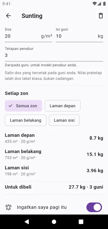Satu langkah: dos daripada beg, tetapan penabur, bilangan beg