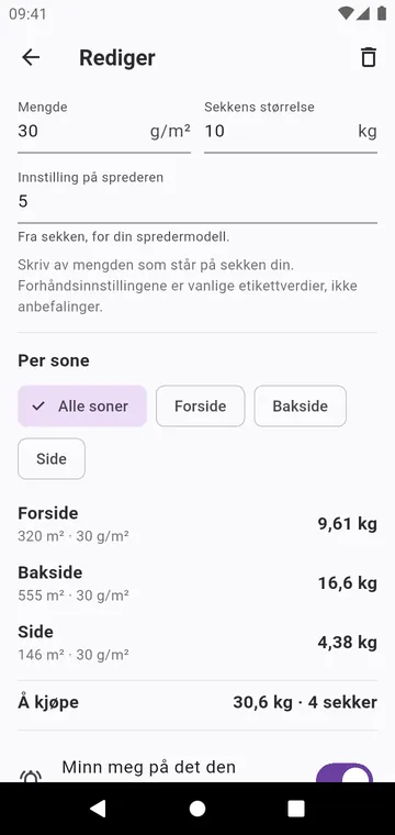 Et trinn: mengden fra sekken, innstillingen på sprederen, sekkene