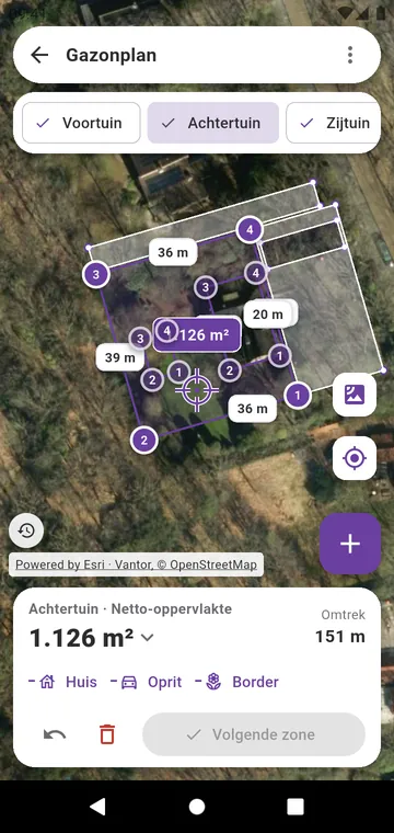 Een gazon zone per zone getekend op de satellietfoto