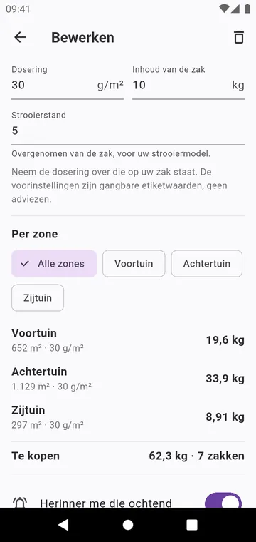 Een stap: de dosering van de zak, de strooierstand, de zakken