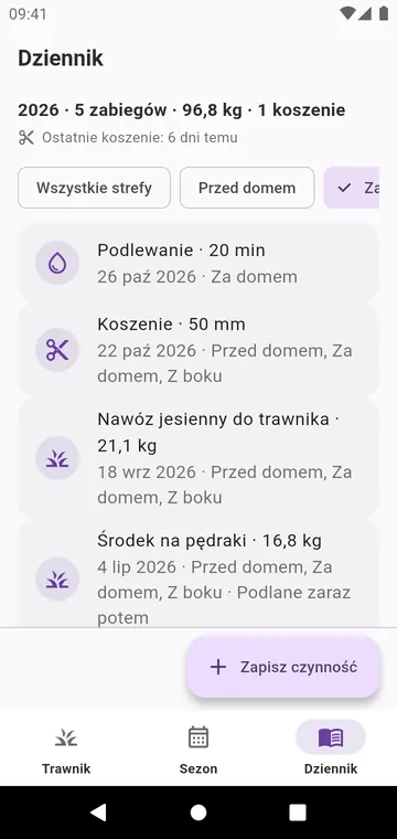 Dziennik: koszenie, podlewanie i każdy rozsiany produkt