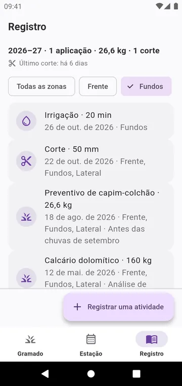 O registro: cortes, irrigações e cada produto aplicado