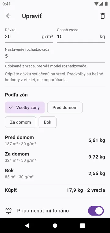 Krok: dávka z vreca, nastavenie rozhadzovača, vrecia