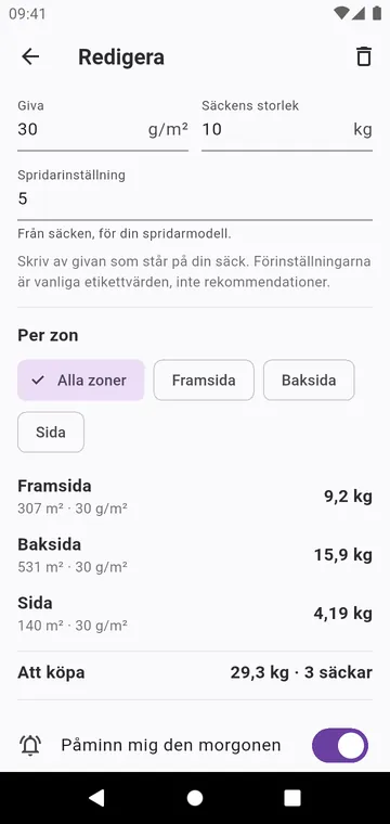Ett steg: givan från säcken, spridarinställningen, säckarna
