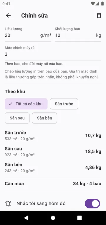Một bước: liều lượng trên bao, mức chỉnh máy rải, số bao